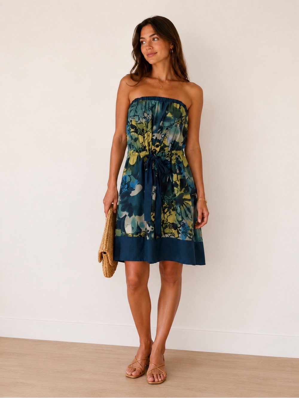 Matty M Strapless Floral Sundress in Teal, Navy & Lime
